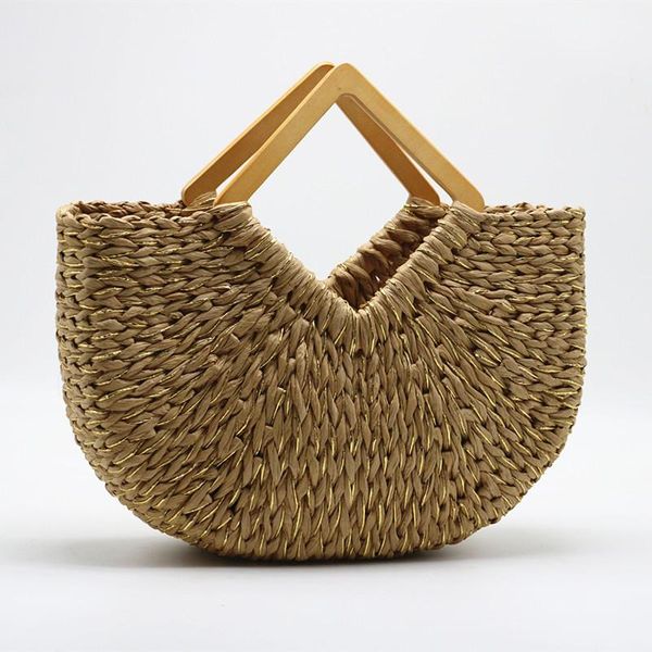 

evening bags portable moon bag wooden handle straw