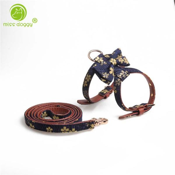 

lovely cherry blossoms printed pet dog harness soft comfortable pu leather collar for small dogs +durable leash20e collars & le