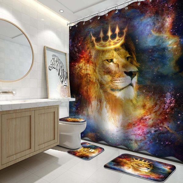 

shower curtains 4pcs lion sets with non-slip rugs, toilet lid cover and bath mat, bathroom curtain rugs