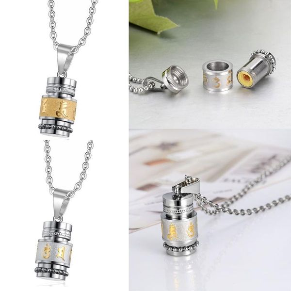 

chains stainless steel buddhism six words rotatable necklace women men mantra prayer wheel bottle urn pendant, Silver