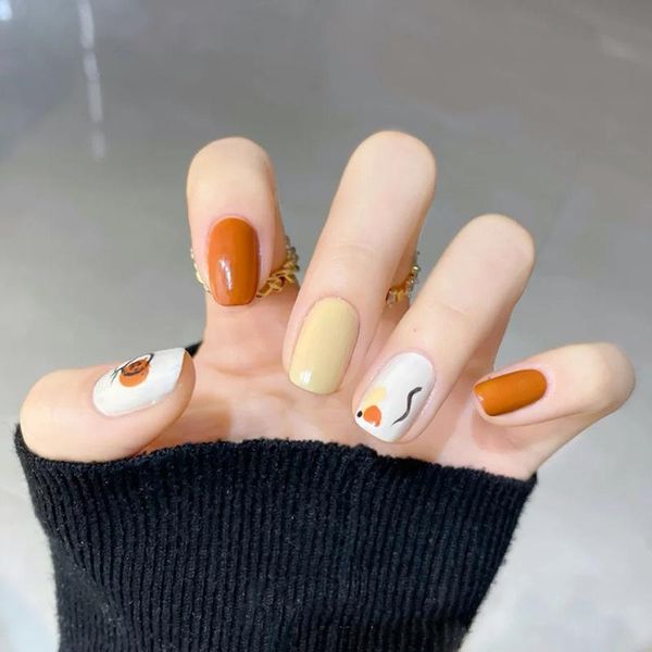 

false nails 24pcs orange graffiti wear long paragraph fashion manicure patch save time wearable nail ne, Red;gold
