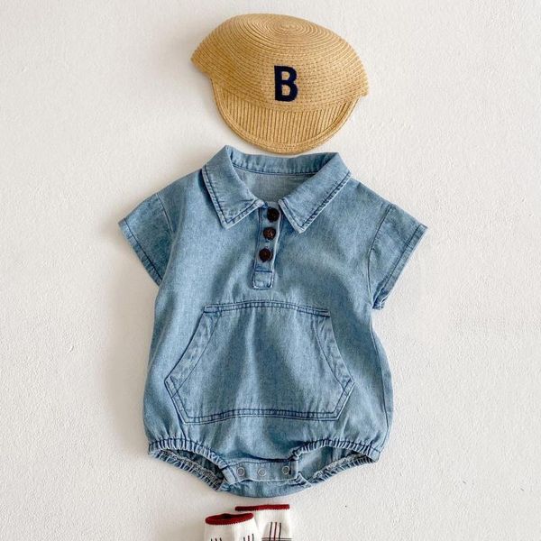 

summer born boys girls fashion large pocket short sleeve denim bodysuit toddler baby jumpsuit overalls rompers, Blue