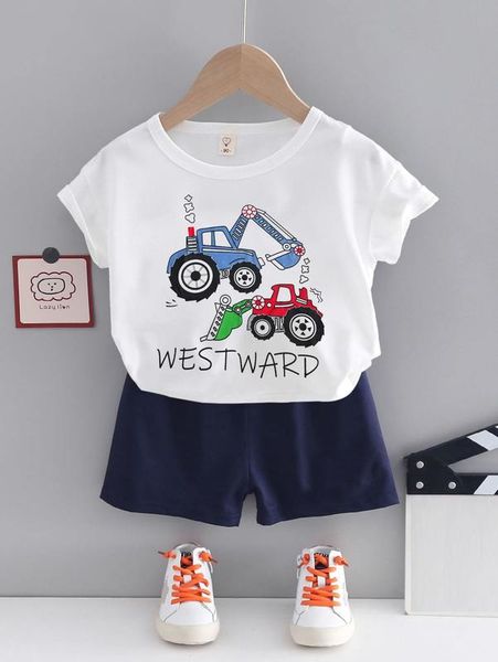 

toddler boys excavator & letter graphic tee & shorts she, White