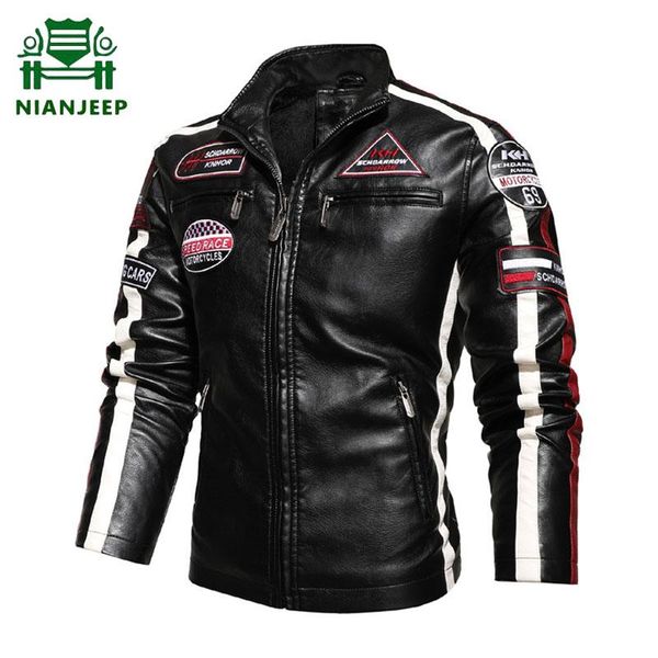 

men's fur & faux motorcycle leather jackets men embroidery epaulet colorblock jacket male fleece warm biker pu coats windbreaker, Black