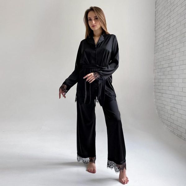 

women's sleepwear hiloc lace splicing robe set woman 2 pieces long sleeve trouser suits autumn suit robes women pajama bathrobes nightg, Black;red