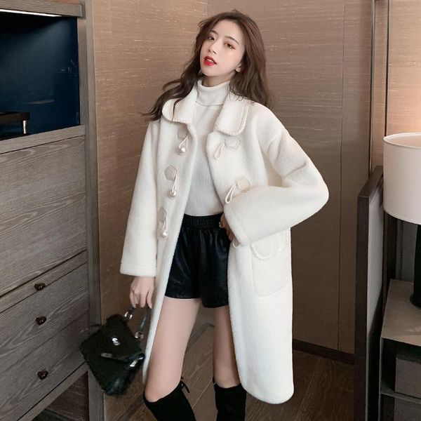 

women's wool & blends white pearl buckle horn button woolen coat women mid-length imitation mink velvet 2022 autumn winter clothing jd1, Black