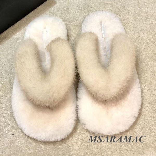 

winter white mink wool flip flops foot warming home slippers fashion street ladies out, Black