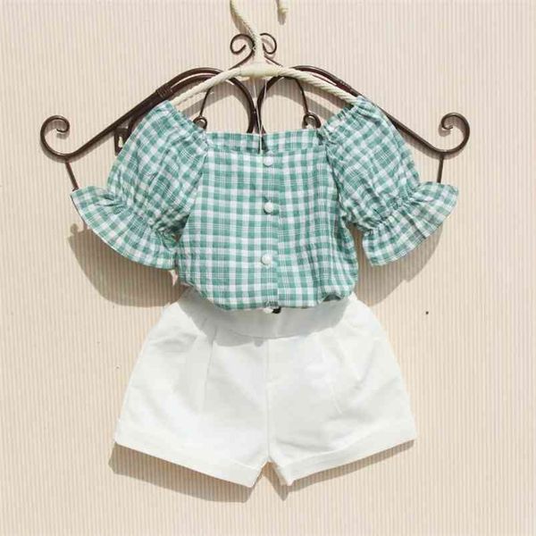 Chegada meninas verão blusas casual algodão crianças camisa xadrez toddler botão para baixo camisas roupas plissadas 8 a 12 14Y 210622