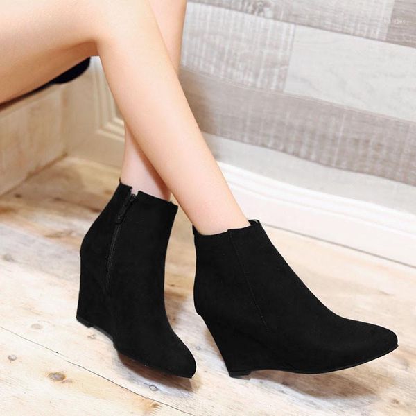 

boots ymechic retro blue wine red lady's high wedges heels suede ankle short shoes woman zipper pointed toe autumn winter 20211, Black