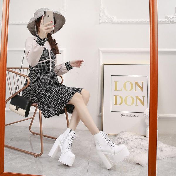 

boots thick heel shoes fall 2021 super high waterproof platform 15cm sole bare sky lace up roman, Black