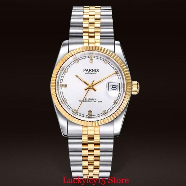 

jewels miyota 8215 automatic men's watch gold plated 36mm wristwatch stainless steel bracelet date jubilee strap wristwatches, Slivery;brown