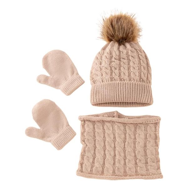 

clothing sets winter warm baby solid color hat gloves scarf set fur ball beanies mitten scarves kit for toddler girls boys, White