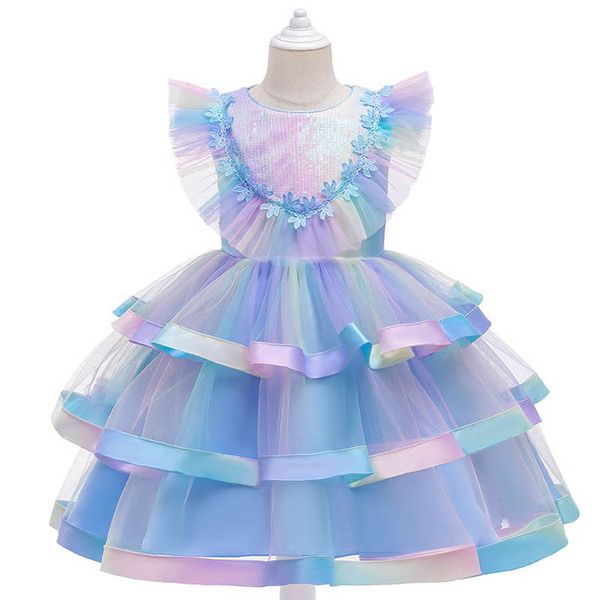 

girls dresses kids clothes sequin colorful children clothing lace tiered skirts party formal costume pettiskirt dress b7632, Red;yellow