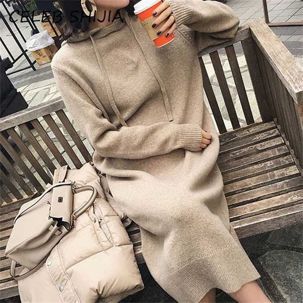 

woolen woman hooded knitted dress ladies full-sleeve loose elegant long sweater female autumn winter khaki 211119, Black;gray
