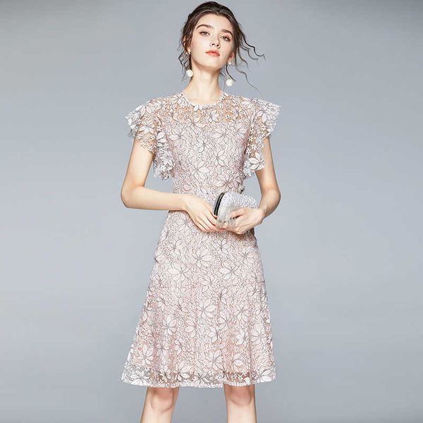 

mermaid dress women ruffle sleeve casual elegant party floral crochet lace dresses vestidos robe femme jurken 210529, Black;gray