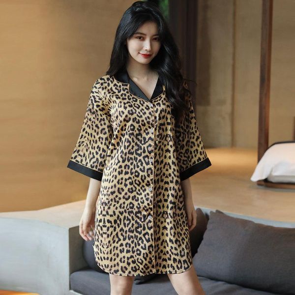 

women's sleepwear leopard sleep shirt women loose nightgown short sleeve female casual nightshirt summer home clothes, Black;red