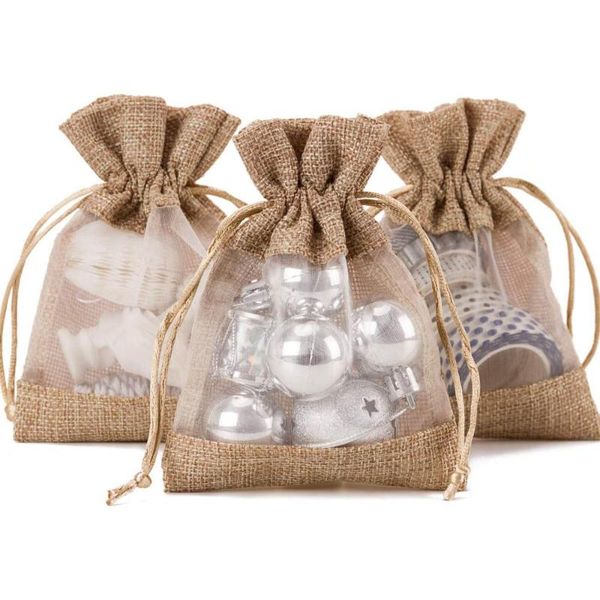 

gift wrap 10pcs/lot burlap drawstring pocket with tulle windowjewelry/candy packaging bulk storagecustomizable logo