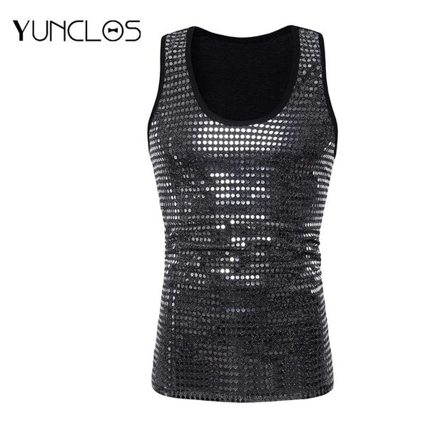 

men's vests yunclos sequin design slim fit men suit vest wedding &party &prom&costume collarless masculine, Black;white