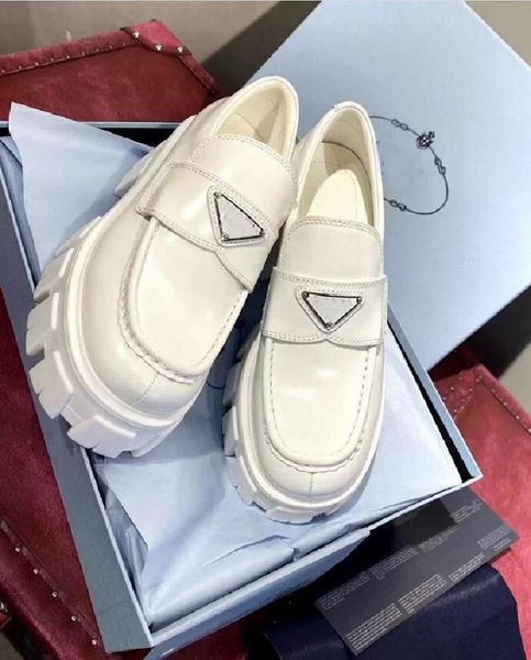 

[original box]ladies monolith women's loafers shoes chunky sole platform sneakers white black triangle logo brushed leather pointed and