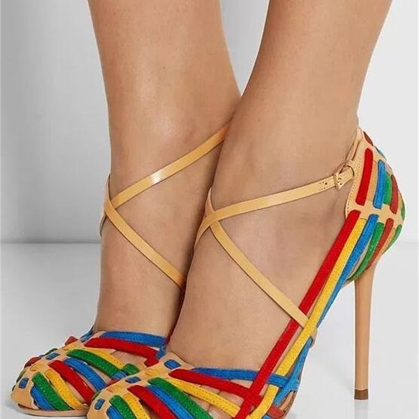 

sandals verÃ£o nova moda arco-Ã­ris tranÃ§ado cintas feminino dedo do pÃ© pontiagudo sandÃ¡lias Ãºnico salto alto senhoras vestido sapatos festa 8, Black