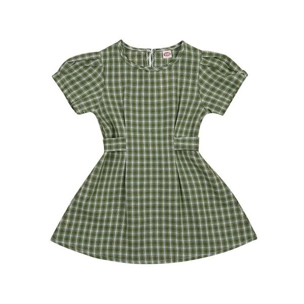 

baby girl casual short sleeve round neck plaid belted one-piece toddler summer princess dress orange green girl's dresses, Red;yellow