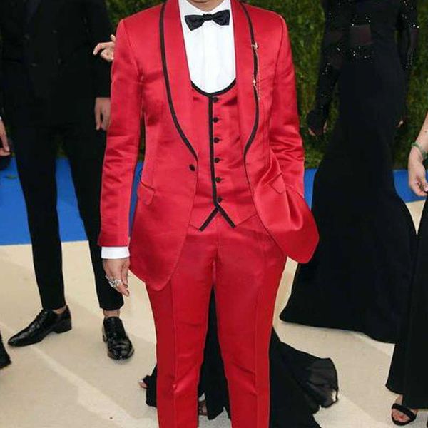 Red Prom Abiti da uomo per cantante 3 pezzi Custom Wedding Groom Tuxedo 2020 con scialle risvolto in raso uomo moda set giacca gilet pantaloni X0909