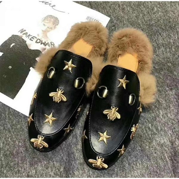 

new brand women slippers fluffy fur keep warm outdoors slides furry plush printing embroidery females, Black