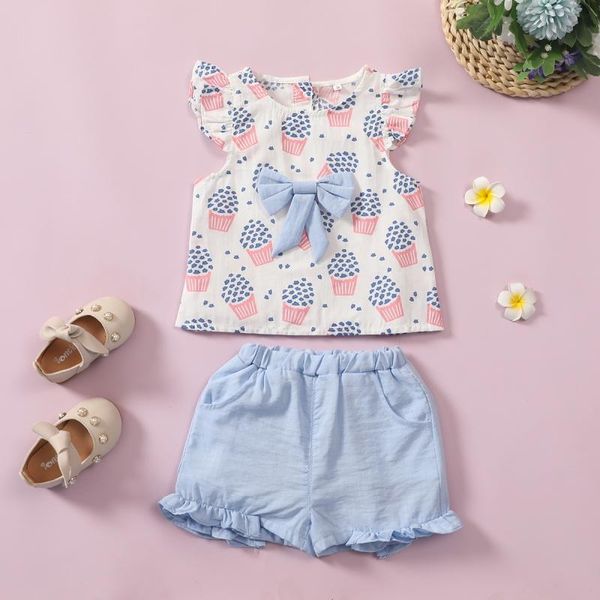 

children girls shorts set two pieces popcorn print flare sleeve bowknot t-shirt headband outfits kids clothing sets, White