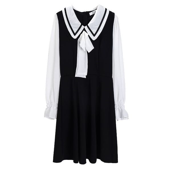 

light green black peter pan collar bow patchwork long flare sleeve shirt mini dress sweet elegant d1923 210514, Black;gray