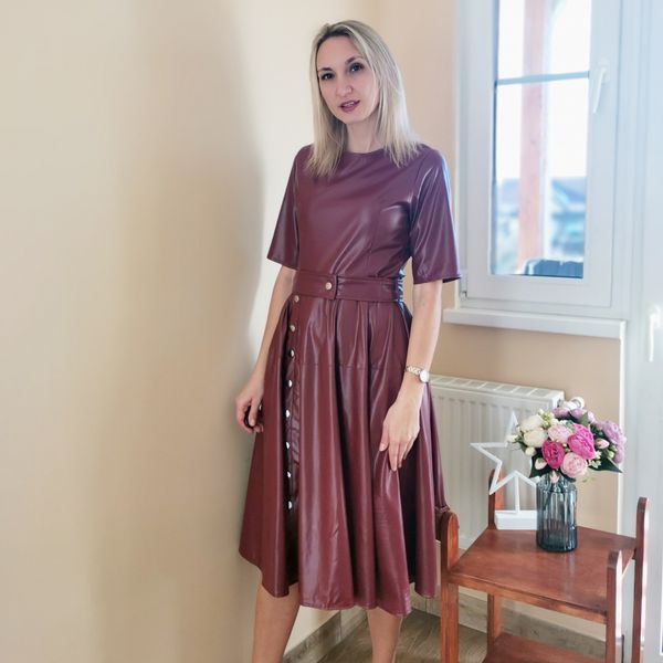 

casual o-neck half sleeves belt pu leather dresses wine red solid color, Black;gray