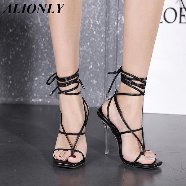 

sandals alionly elegant ankle strappy party shoes for women 2021 summer goldenhigh heels wedding open toe zapatos, Black
