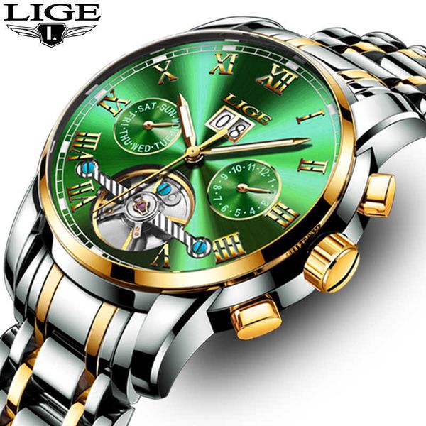 

lige mens watches brand luxury mechanical watch men full steel big dial month week date waterproof automatic clock 210527, Slivery;brown