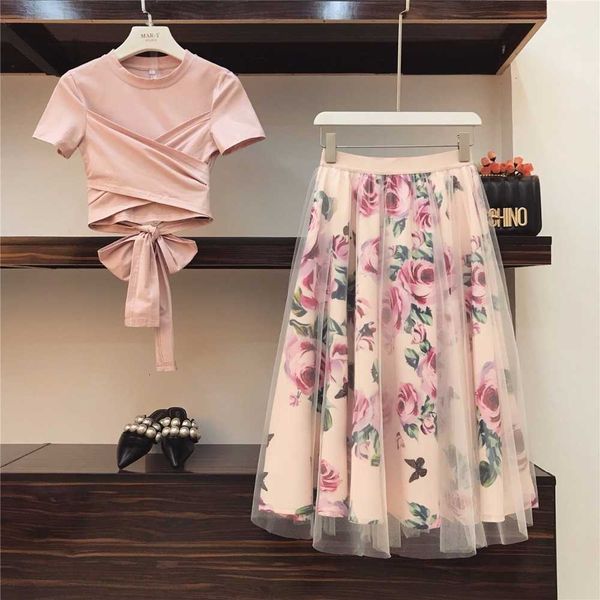 

casual dresses summer cotton t shirt+mesh suits bowknot solid crop vintage floral sets elegant two piece set women icxh, Black;gray
