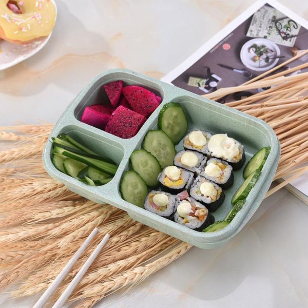 

dinnerware sets microwave bento three grid lunch box picnic fruit container storage children wheat straw four-color environmental