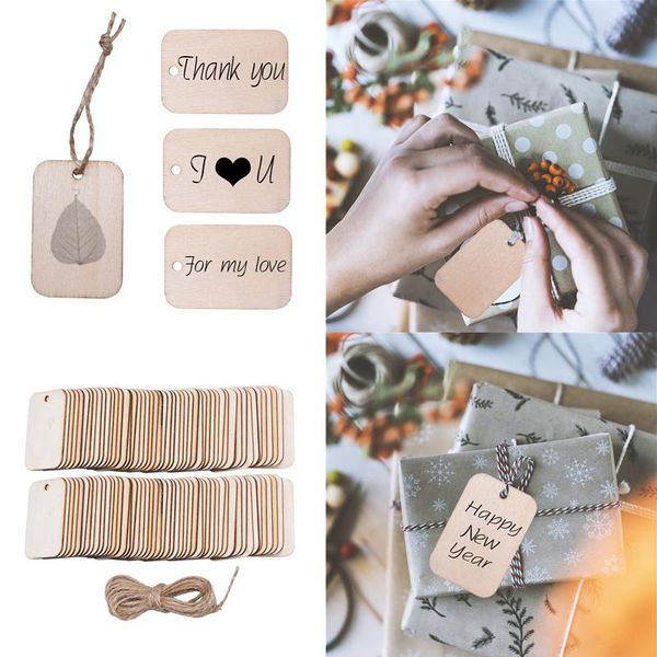 

party decoration 25/50/100pcs blank rectangle nature wooden hanging labels wood slice gift tags with ropes wedding supplies diy crafts