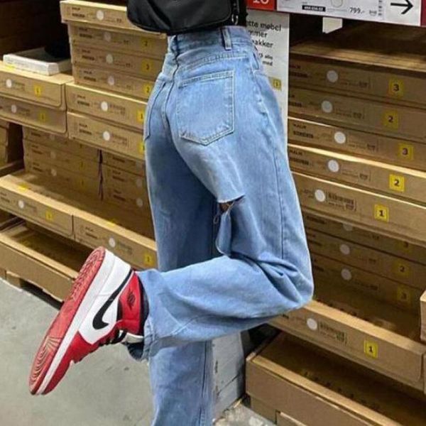 

women's jeans 2021 women mom fashion streetwear vintage loose high waist wide leg denim pants baggy ripped for female blue