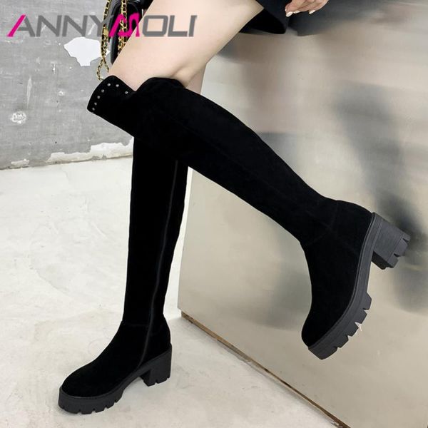 

boots annymoli women shoes cow suede riding platform thick high heel zipper over the knee round toe winter, Black