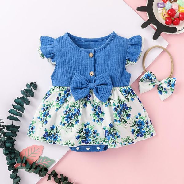 

rompers baby girls romper bornbaby clothes ribbed bow floral dress headband bodysuit outfits 0-18 months, Blue