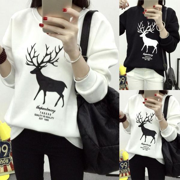 

women's hoodies & sweatshirts print casual pullover blouse thickening coat 2021 women long sleeved elk printed light weight cardigan s, Black