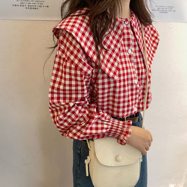 

women's red plaid hong kong retro style shirt, baby collar, spring and autumn design, White
