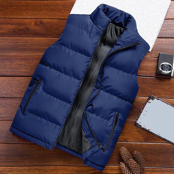 

men cotton coat waistcoat winter fashion warm solid color jackets zipper pocket vest black blue sleeveless male outerwear men's vests, Black;white