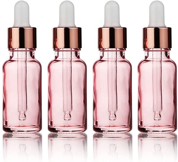 Garrafa-gotas de vidro cor-de-rosa para óleos essenciais óculos vazios olho gotas garrafa suporte rosa-dourado tampões de perfume viajar recipiente