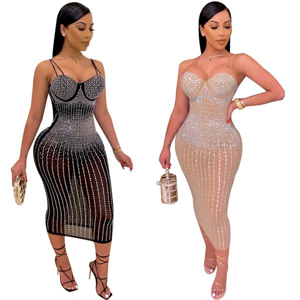 

echoine perspective bodycon mesh dress with rhinestones women see though spaghetti strap dresses club party vestidosb, Black;white