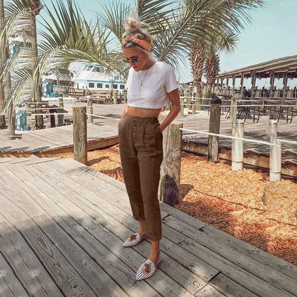 

women's pants & capris 2021 spring casual button high waist trousers solid cotton linen women pencil plus size long y, Black;white