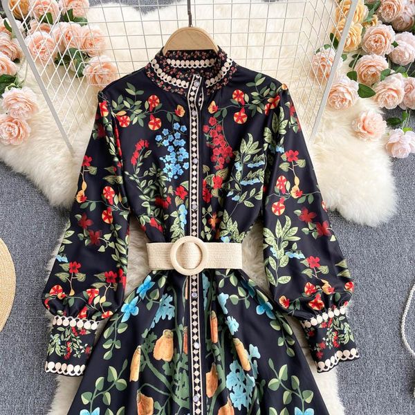 

casual dresses 2021 summer dress women elegant floral print waist smocking design flower sleeve lady one pieceb, Black;gray