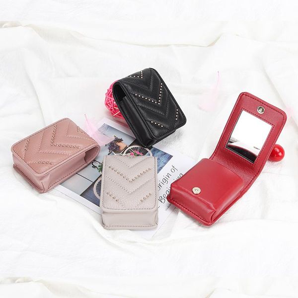 

evening bags leather belt mirror makeup cowhide rivet portable mini lipstick bag