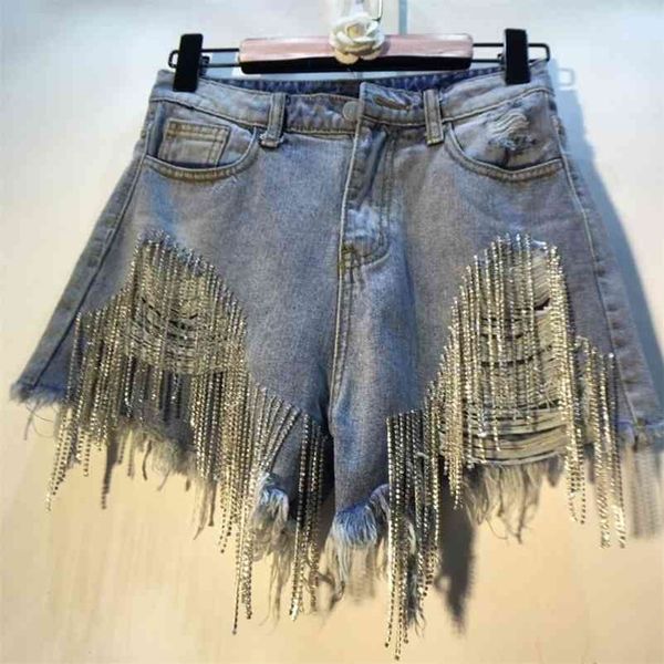

deat spring wear heavy tassels nail diamond beads high all-match thin waist denim shorts women ae32305 210323, White;black
