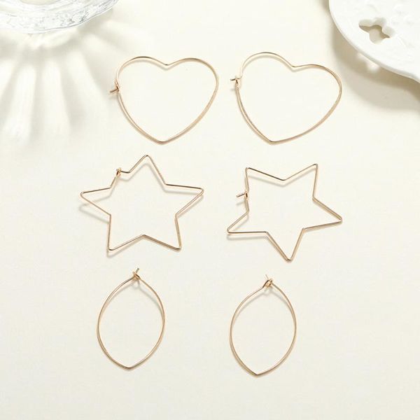 

hoop & huggie 3pairs fashion gold color big geometric earrings for women hollow heart star loop earings metal jewelry aretes mujer gift, Golden;silver