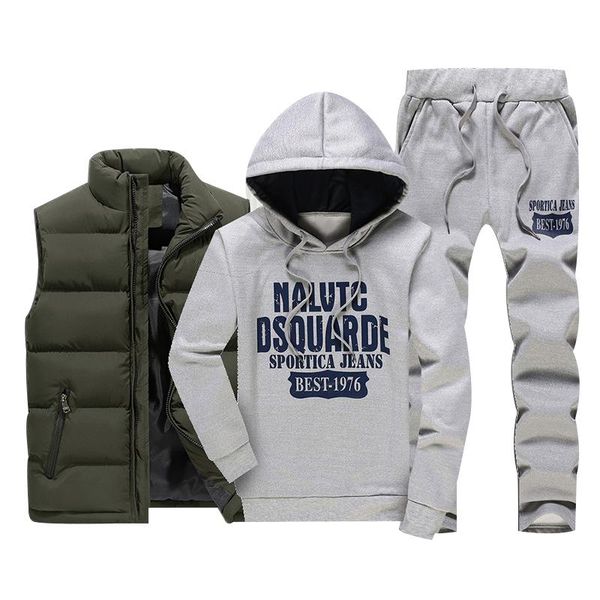 

men's tracksuits winter casual sportswear sweatshirts mens set 3 pieces warm vest sweatpants hoodie letter printed plus size 5xl, Gray