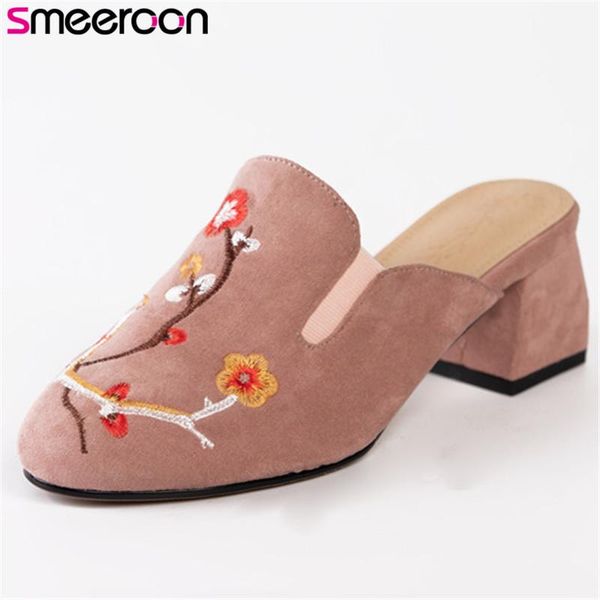 

dress shoes smeeroon 2021 arrive women pumps embroidery round toe flock spring summer square heel mules ladies single black